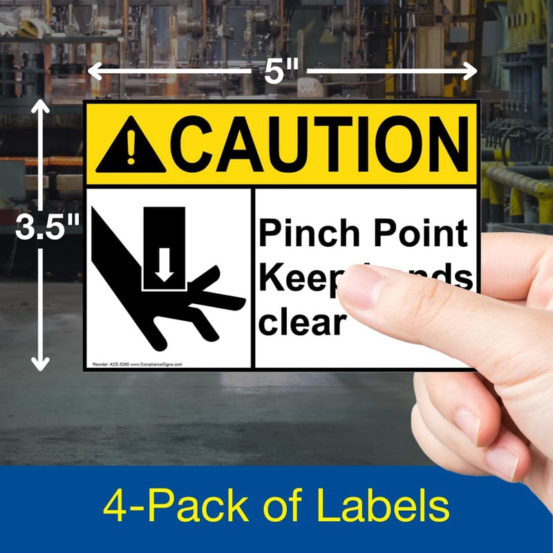 ComplianceSigns علامة تحذير نقطة ضغط ابقِ يديك بعيدًا ملصق ANSI، 5x3.5 بوصة 4-pack من الفينيل للآلات، لافتات أمان مصنوعة في أمريكا لمكان العمل - Image 2